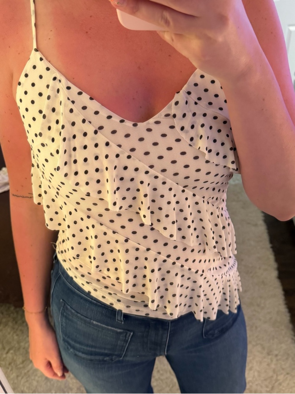 T.J.Maxx White and Black Polka Dot Ruffle Camisole